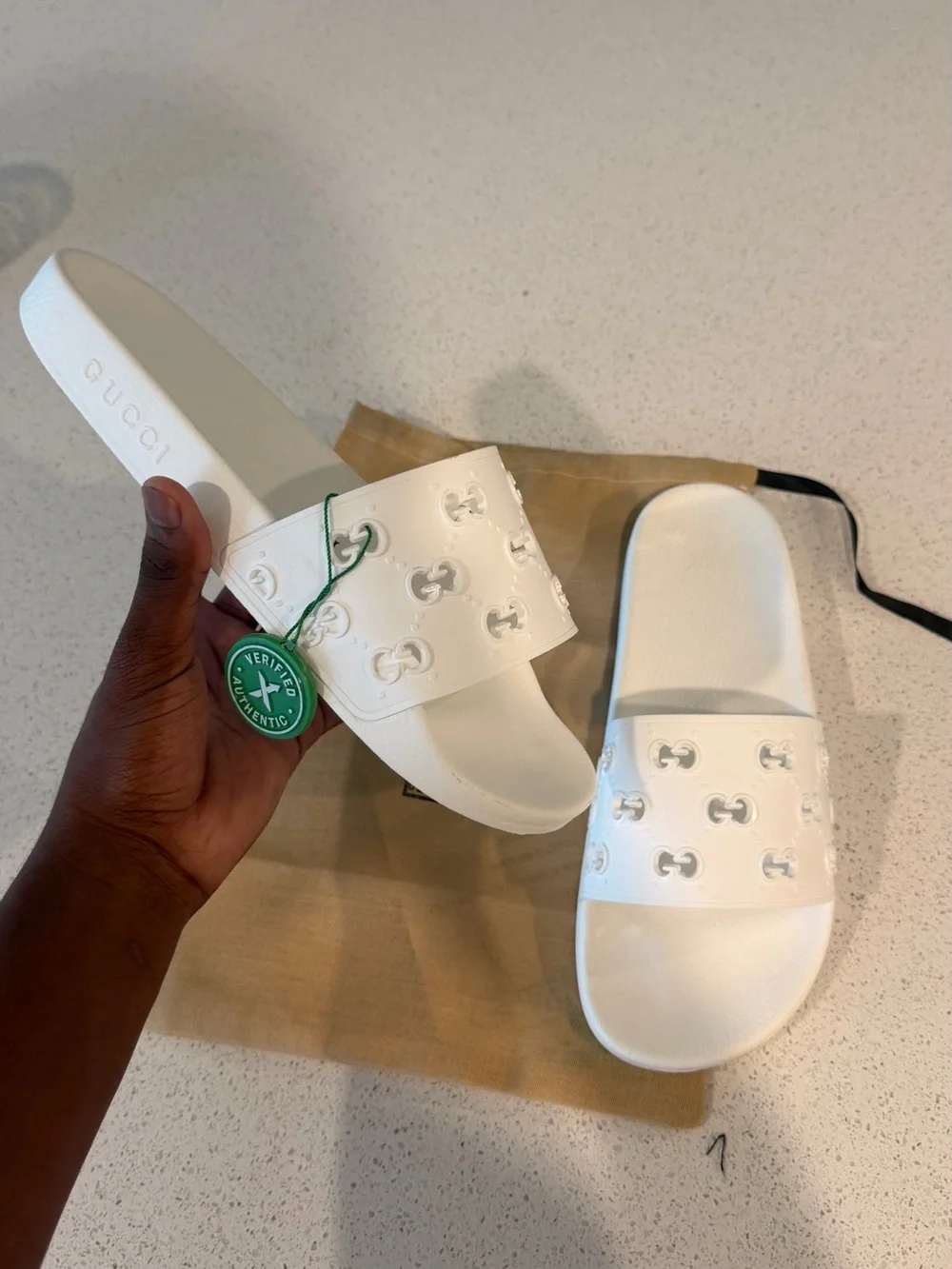 Gucci White Embossed Interlocking G Slide Sandals